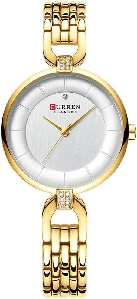 ساعت مچی زنانه CURREN 9052 با طراحی ظریف نگین دار، سبک کژوال، موتور کوارتز