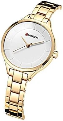 ساعت مچی زنانه کورن مدل 9015، موتور کوارتز، بند استیل ضد زنگ، صفحه گرد آنالوگ، طلایی و سفید