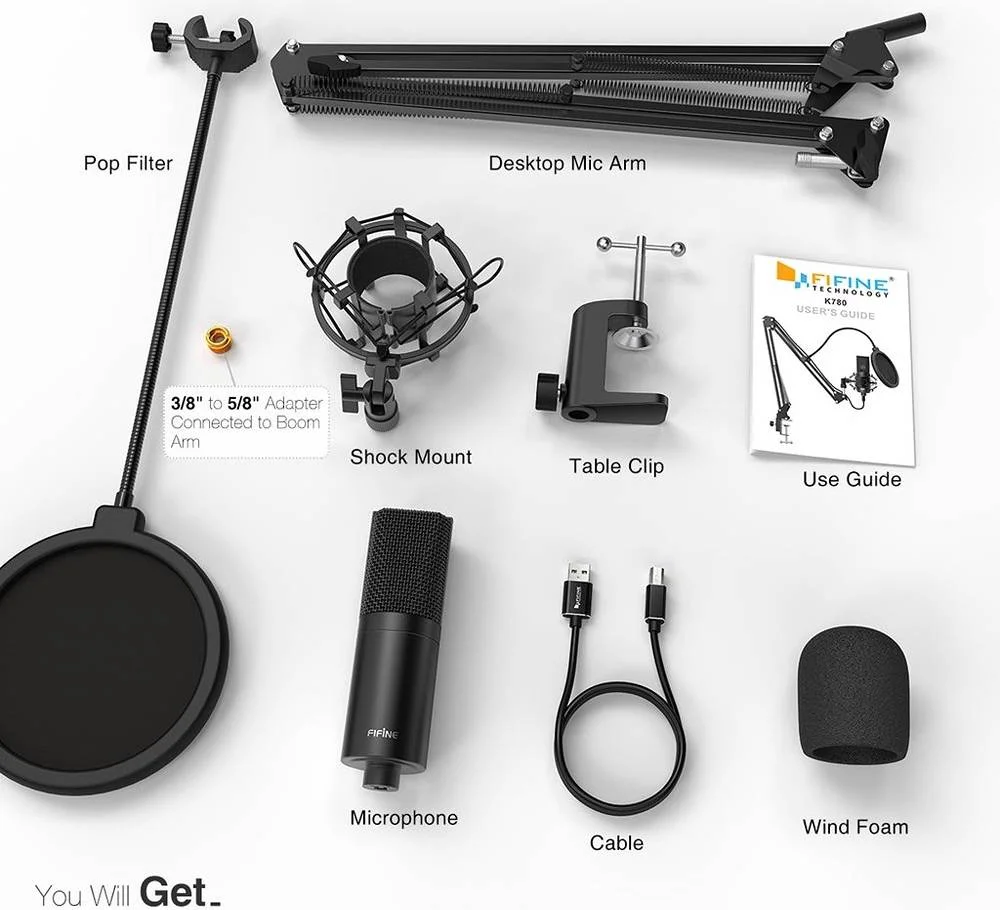 میکروفون USB استریمینگ Fifine مدل K780A، میکروفون استودیویی کاندنسر با پایه بازویی و پاپ فیلتر برای ضبط وکال پادکست، خوانندگی، یوتیوب، بازی و صداگذاری، میکروفون کامپیوتر جهت دار، مشکی