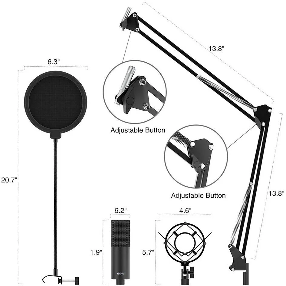 میکروفون USB استریمینگ Fifine مدل K780A، میکروفون استودیویی کاندنسر با پایه بازویی و پاپ فیلتر برای ضبط وکال پادکست، خوانندگی، یوتیوب، بازی و صداگذاری، میکروفون کامپیوتر جهت دار، مشکی