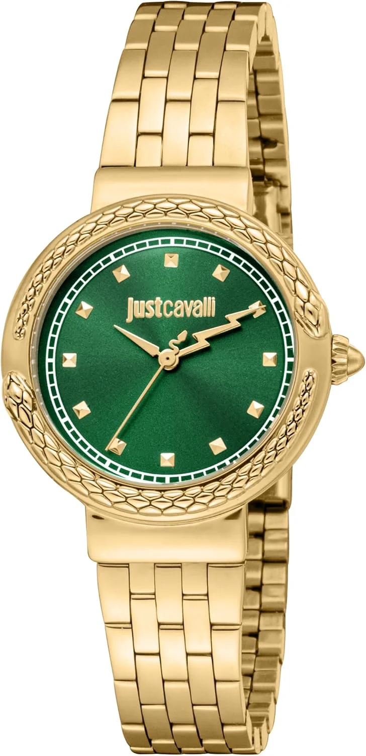 ساعت مچی زنانه جاست کاوالی، بدنه طلایی رنگ، صفحه سبز تیره، بند فلزی، سه عقربه، 3ATM