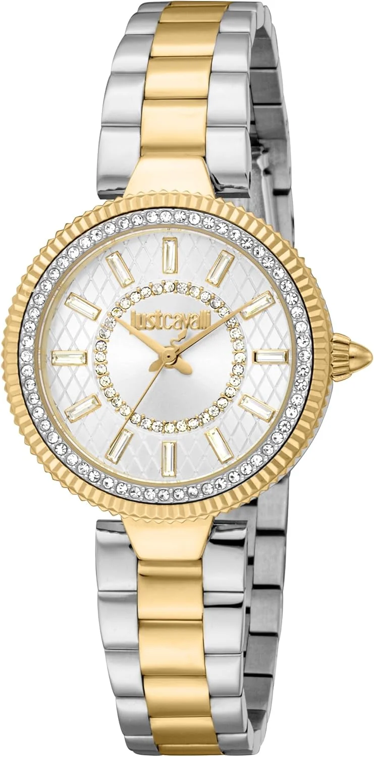 ساعت مچی زنانه جاست کاوالی، بدنه دو رنگ نقره ای و طلایی، صفحه نقره ای، بند فلزی، سه عقربه، 5ATM