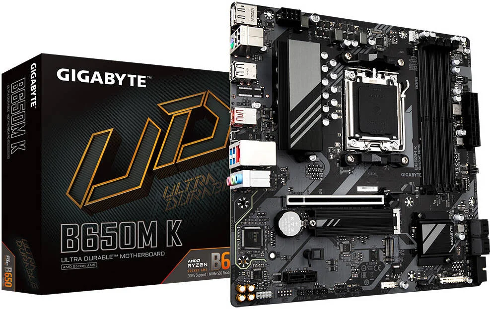 مادربرد GIGABYTE B650M-K Micro ATX AM5، چیپست AMD B650، 4 اسلات DIMM DDR5، حداکثر حافظه 256 گیگابایت، تراشه Realtek 2.5GbE LAN، 1 اسلات PCI Express x16، 2 اسلات M.2 | B650M-K