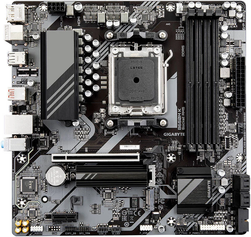 مادربرد GIGABYTE B650M-K Micro ATX AM5، چیپست AMD B650، 4 اسلات DIMM DDR5، حداکثر حافظه 256 گیگابایت، تراشه Realtek 2.5GbE LAN، 1 اسلات PCI Express x16، 2 اسلات M.2 | B650M-K