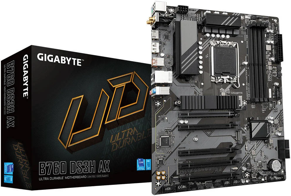 مادربرد GIGABYTE B760 DS3H AX LGA 1700 ATX، چیپست Intel B760، 4 اسلات DDR5 DIMM، تا 192 گیگابایت حافظه، Wi-Fi 6E AX21، BT 5.3، 1x PCI Ex16، 1x M.2، 1x HDMI، 1x DP، USB Type-C | B760 DS3H AX