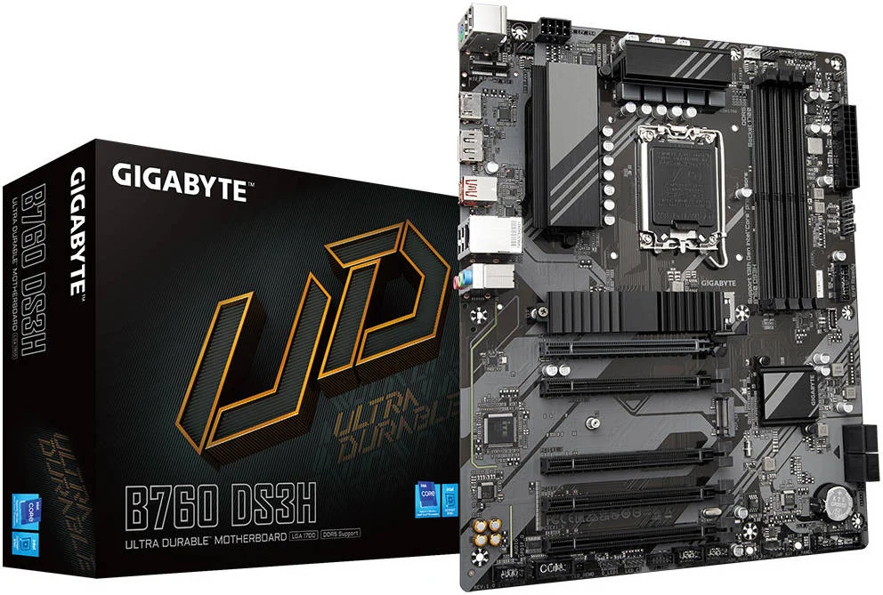 مادربرد GIGABYTE B760 DS3H LGA 1700 ATX، چیپست Intel B760، 4 اسلات DDR5 DIMM، حداکثر حافظه 192 گیگابایت، GbE LAN، 1 اسلات PCI E x16، 2 اسلات M.2، 4 پورت SATA 6Gb/s، 1 پورت HDMI، 1 پورت DP، USB Type-C/2.0 | B760-DS3H