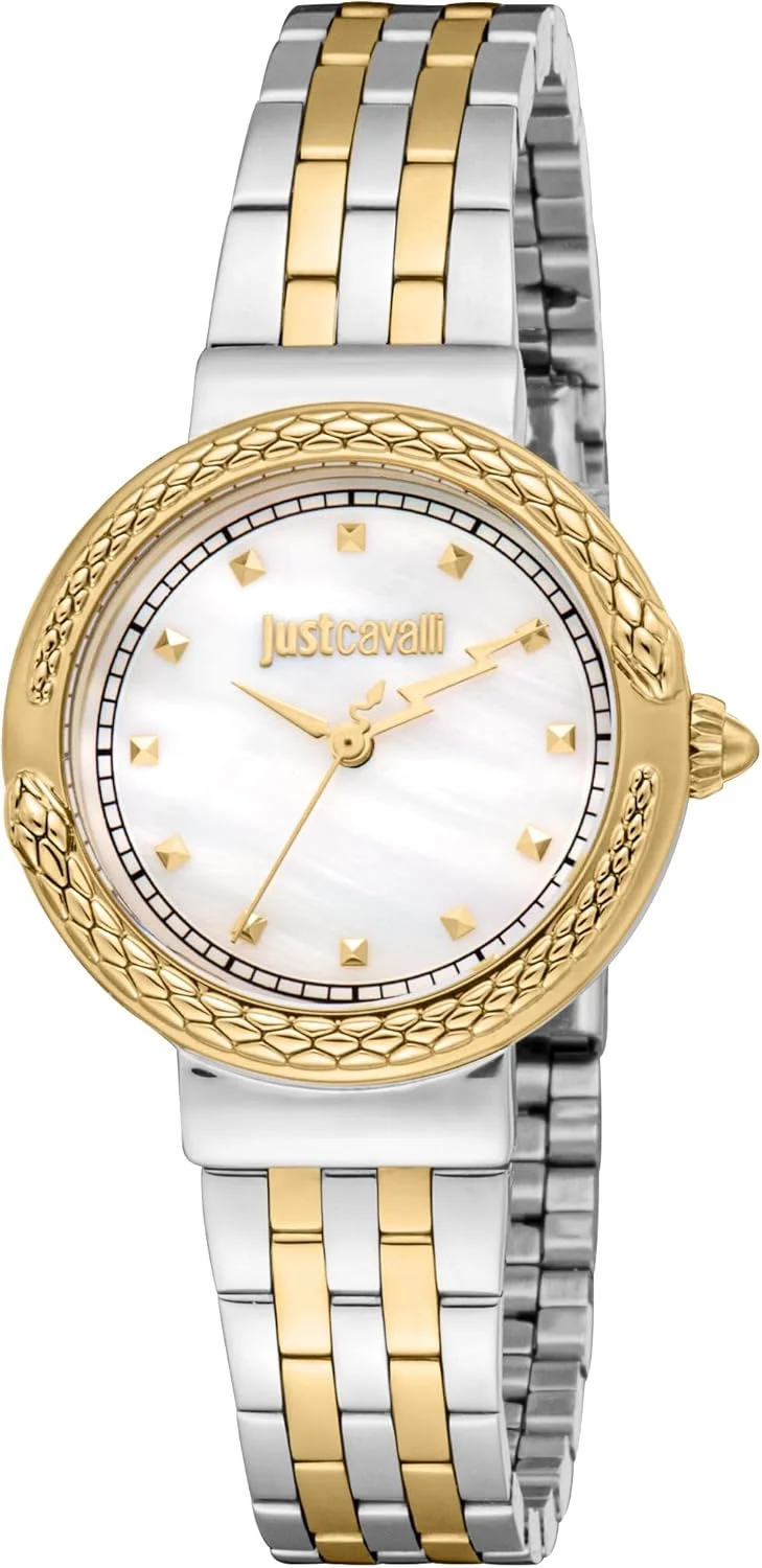 ساعت مچی زنانه جاست کاوالی، بدنه دو رنگ نقره ای و طلایی، صفحه صدف سفید، بند فلزی دو رنگ نقره ای و طلایی، سه عقربه، 3 ATM
