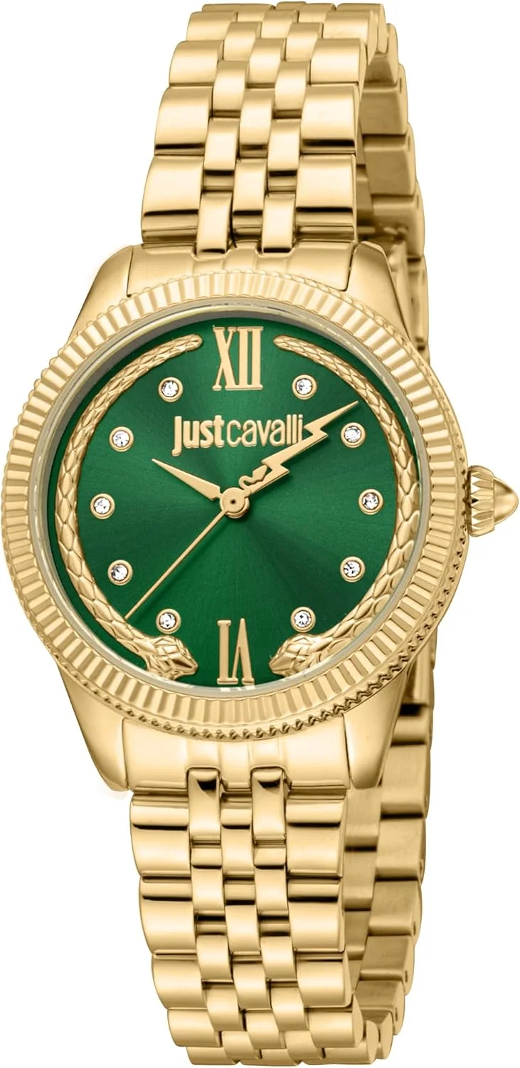 ساعت مچی زنانه جاست کاوالی، بدنه طلایی رنگ، صفحه سبز تیره، دستبند فلزی طلایی رنگ، سه عقربه، 3 ATM