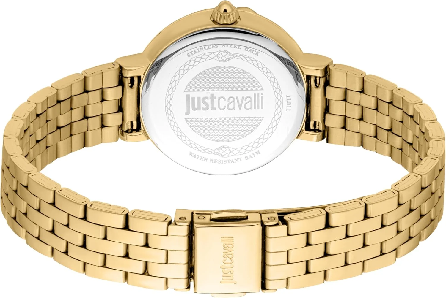 ساعت مچی زنانه جاست کاوالی، قاب طلایی رنگ، صفحه صدف سفید، دستبند فلزی طلایی رنگ، سه عقربه، 3 ATM