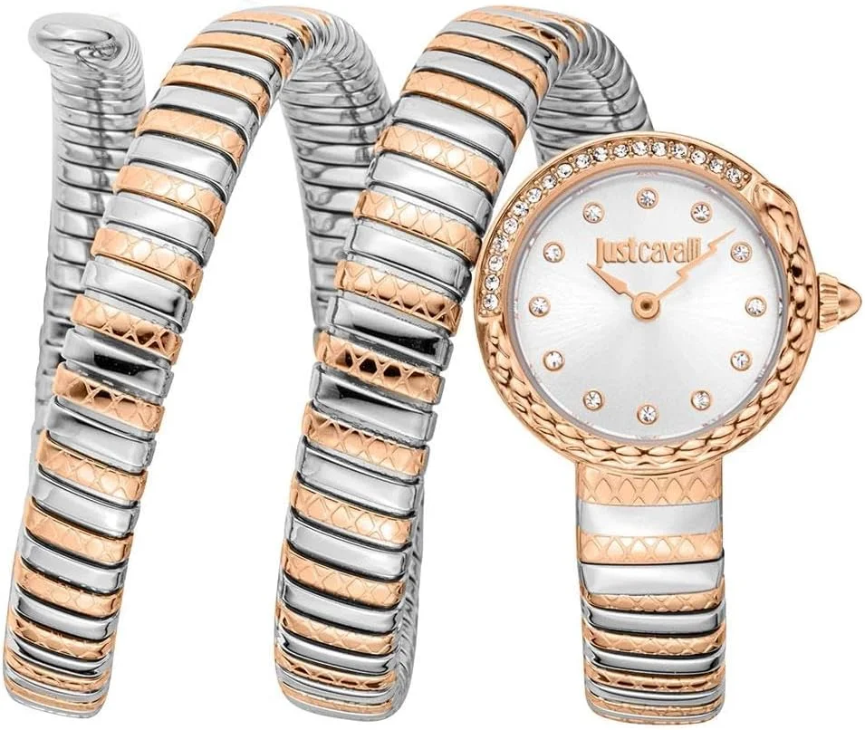ساعت مچی زنانه جاست کاوالی، بدنه دو رنگ نقره ای و رزگلد، صفحه نقره ای، دستبند فلزی دو رنگ نقره ای و رزگلد، دو عقربه، مقاومت در برابر آب تا 3 اتمسفر