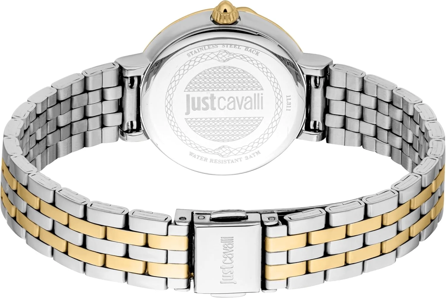 ساعت مچی زنانه جاست کاوالی، بدنه دو رنگ نقره ای و طلایی، صفحه صدف سفید، بند فلزی دو رنگ نقره ای و طلایی، سه عقربه، 3 ATM