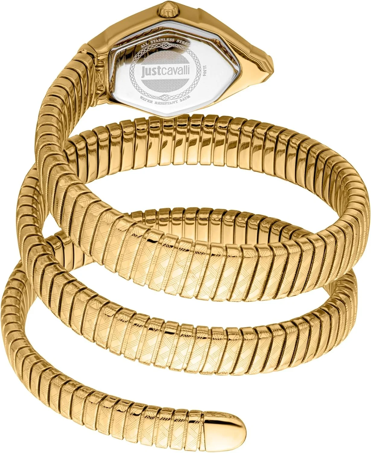 ساعت مچی زنانه جاست کاوالی، قاب طلایی رنگ، صفحه نقره ای، دستبند فلزی طلایی رنگ، دو عقربه، 3ATM