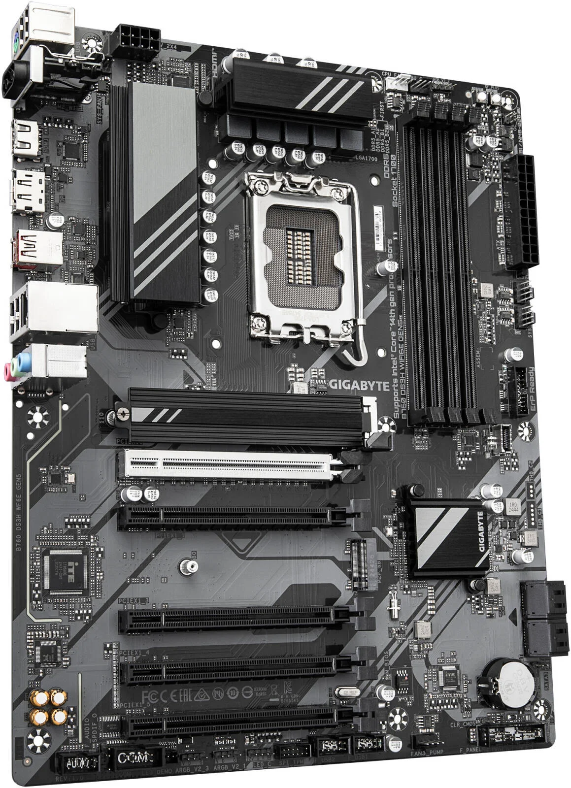 مادربرد GIGABYTE B760 DS3H WIFI6E GEN5 LGA 1700 ATX، چیپست Intel B760، 4 اسلات DDR5 DIMM، حداکثر حافظه 256 گیگابایت، 1x PCIe 5.0 x16، 2x اسلات M.2، WIFI 6E و BT 5.3 | B760-DS3H-WF6E-GEN5