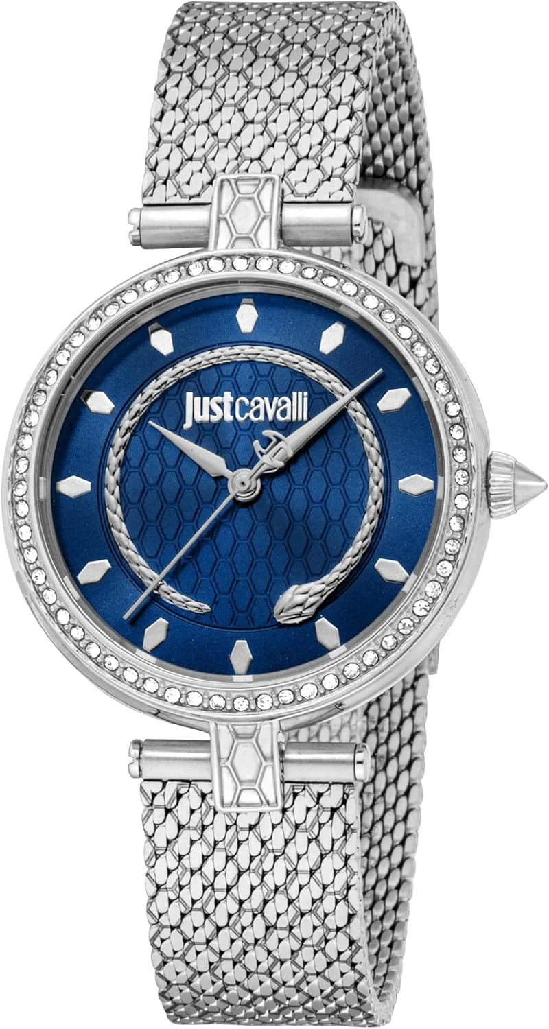 ساعت مچی زنانه جاست کاوالی، قاب نقره ای رنگ، صفحه سرمه ای، بند استیل بافت توری، سه عقربه، مقاومت در برابر آب تا 5 اتمسفر، رنگ نقره ای، دستبند