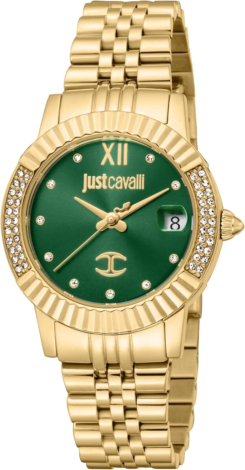 ساعت مچی زنانه جاست کاوالی، قاب طلایی رنگ، صفحه سبز تیره، بند فلزی، سه عقربه و نمایشگر تاریخ، مقاومت در برابر آب تا 3 اتمسفر