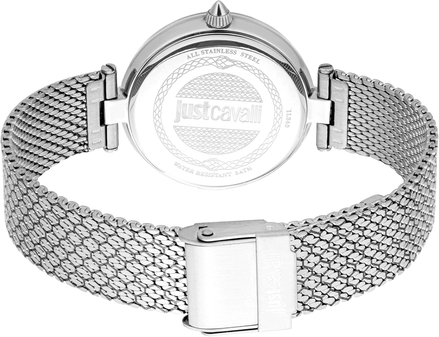 ساعت مچی زنانه جاست کاوالی، قاب نقره ای رنگ، صفحه سرمه ای، بند استیل بافت توری، سه عقربه، مقاومت در برابر آب تا 5 اتمسفر، رنگ نقره ای، دستبند