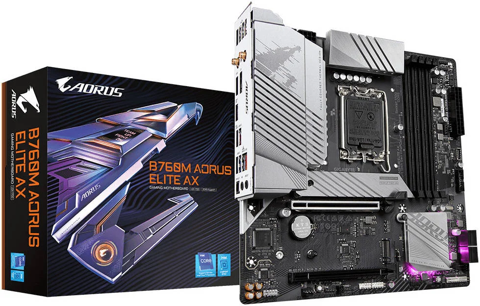 مادربرد GIGABYTE B760M Aorus Elite AX، چیپست Intel B760، چهار اسلات DDR5 DIMM، حداکثر حافظه 192 گیگابایت، LAN 2.5GbE، یک اسلات PCI Express x16، چهار پورت SATA 6Gb/s، یک پورت HDMI و DP، USB Type-C/3.2 | B760M Aorus Elite AX