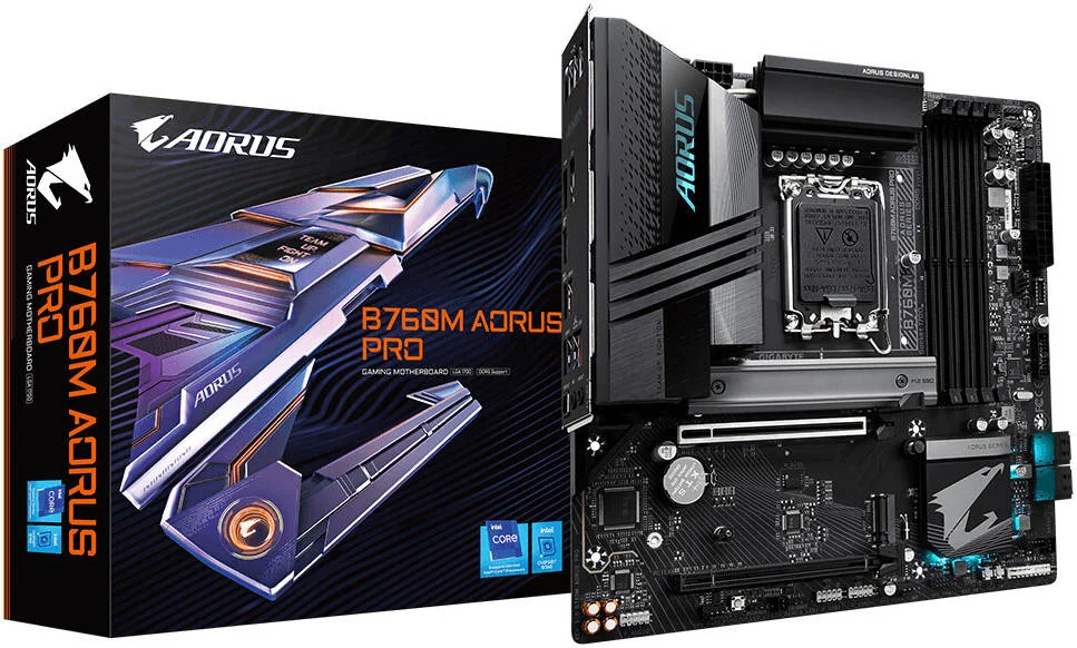 مادربرد GIGABYTE B760M Aorus Pro LGA1700 اینتل، چیپست Intel B760، دارای 4 اسلات DDR5 DIMM، حداکثر حافظه 192 گیگابایت، 2 اسلات M.2، 1 اسلات PCIe 4.0x16، پورت های HDMI/DP/2.5GbE LAN | B760M-AORUS-PRO