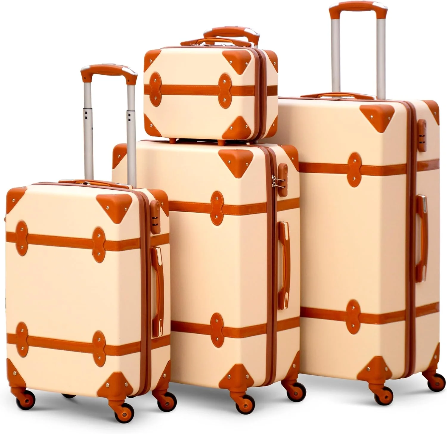 مجموعه چمدان های سبک وزن با چرخ های اسپینر و کیف لوازم آرایشی - کیف های مسافرتی سخت پوسته کلاسیک یکپارچهسازی با سیستمعامل (بژ قهوه ای، مجموعه 4 عددی 14/20/24/28 اینچ)