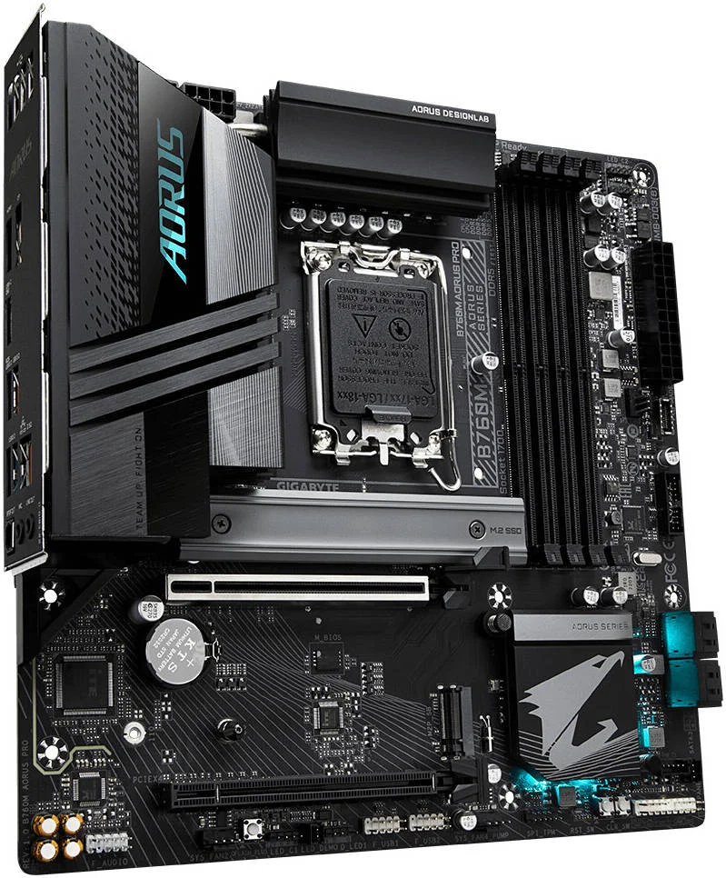 مادربرد GIGABYTE B760M Aorus Pro LGA1700 اینتل، چیپست Intel B760، دارای 4 اسلات DDR5 DIMM، حداکثر حافظه 192 گیگابایت، 2 اسلات M.2، 1 اسلات PCIe 4.0x16، پورت های HDMI/DP/2.5GbE LAN | B760M-AORUS-PRO