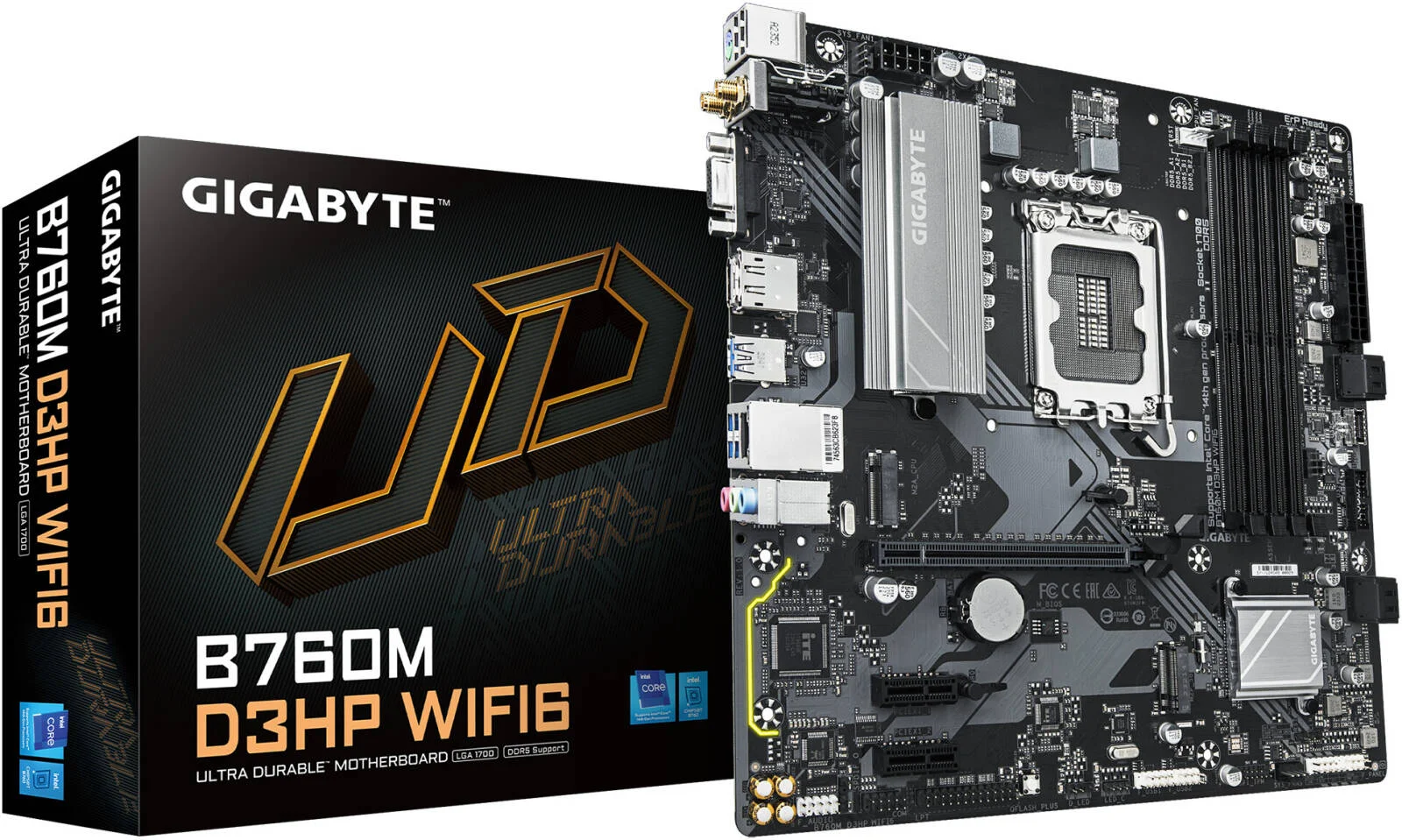 مادربرد GIGABYTE B760M D3HP WIFI6 LGA1700 Micro ATX، چیپست Intel B760، 4 اسلات DDR5 DIMM، حداکثر حافظه 192 گیگابایت، 1 اسلات PCIe 4.0 x16، 2 اسلات M.2 PCIe 4.0 x4، Wi-Fi 6 و BT 5.3 | B760M-D3HP-WIFI6