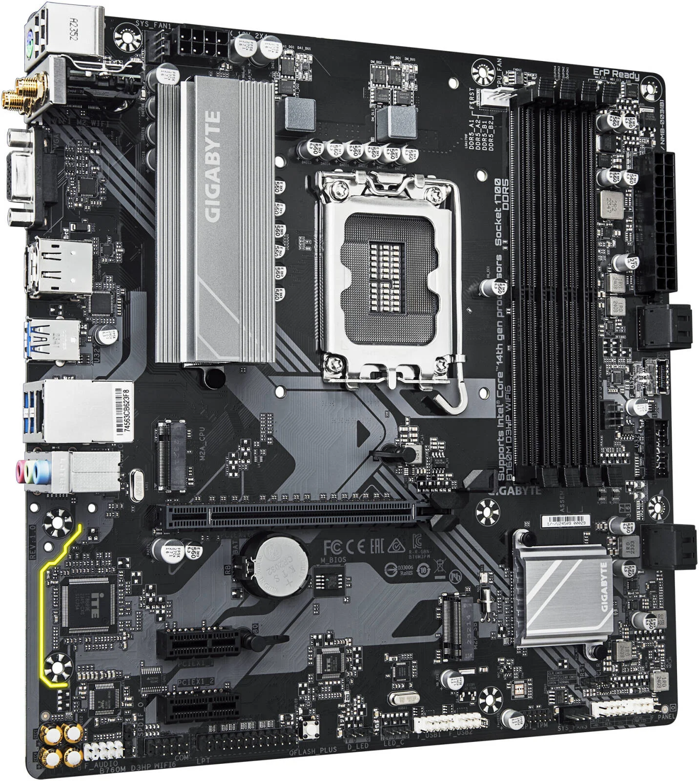 مادربرد GIGABYTE B760M D3HP WIFI6 LGA1700 Micro ATX، چیپست Intel B760، 4 اسلات DDR5 DIMM، حداکثر حافظه 192 گیگابایت، 1 اسلات PCIe 4.0 x16، 2 اسلات M.2 PCIe 4.0 x4، Wi-Fi 6 و BT 5.3 | B760M-D3HP-WIFI6