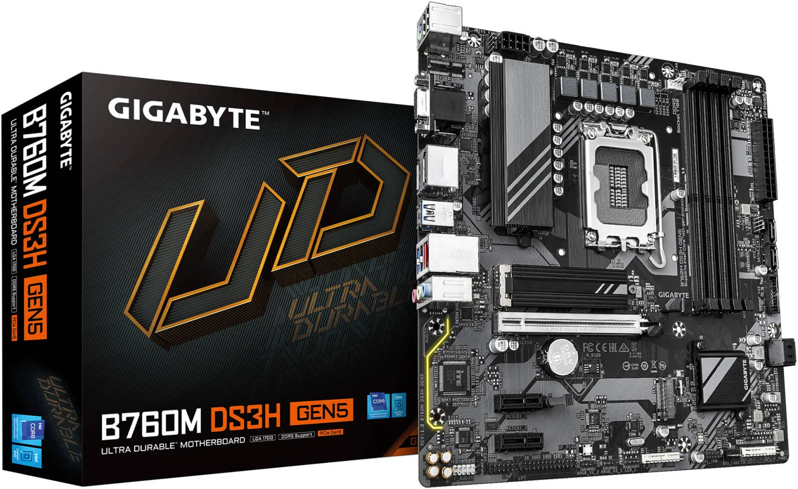 مادربرد GIGABYTE B760M DS3H GEN5 LGA1700 Micro ATX، چیپست Intel B760، 4 اسلات DDR5 DIMM، حداکثر حافظه 256 گیگابایت، 1 اسلات PCIe 5.0 x16 با PCIe UD Slot، 2 اسلات M.2 | B760M-DS3H-GEN5