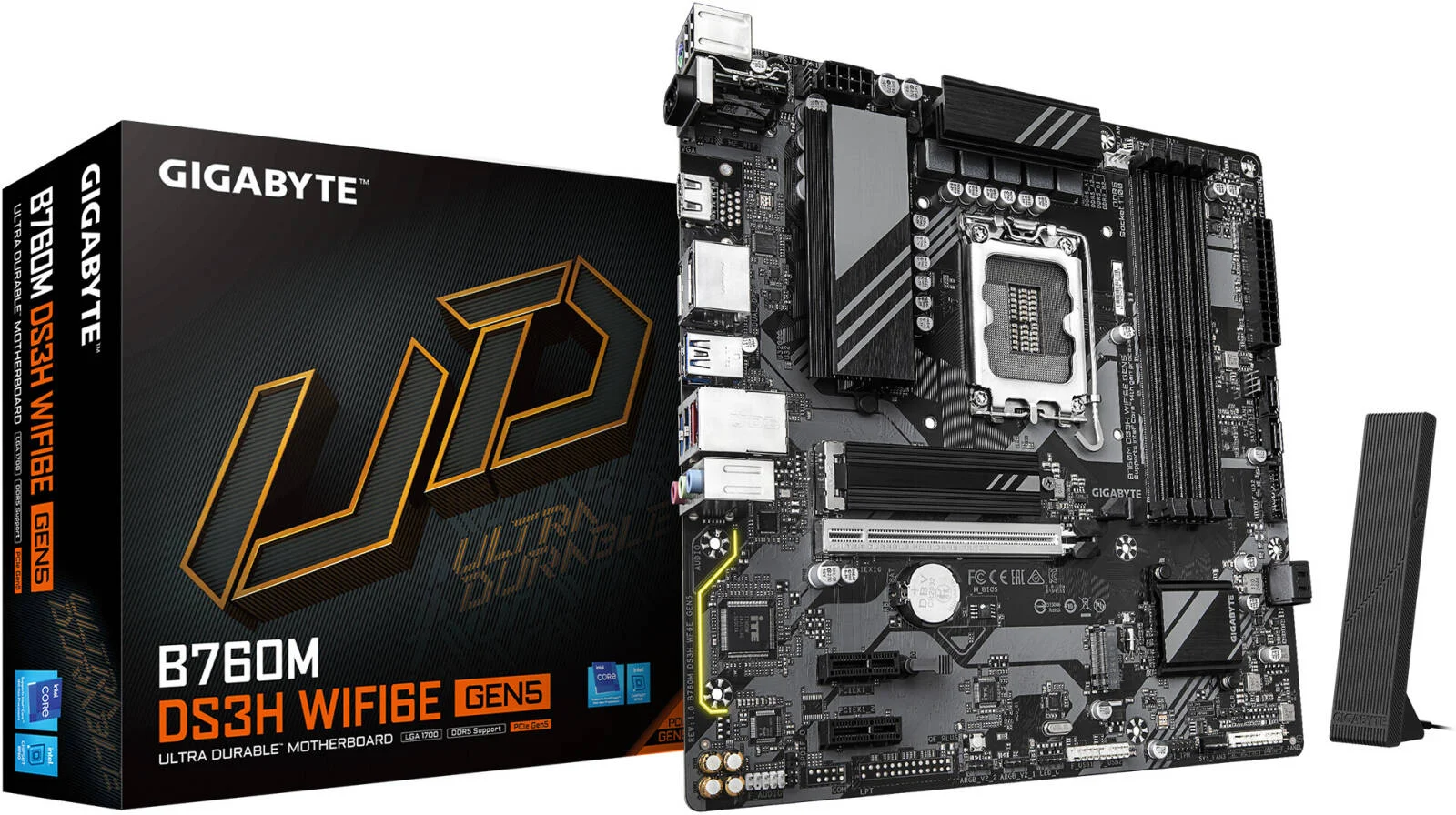 مادربرد GIGABYTE B760M DS3H WIFI6E GEN5 LGA 1700 Micro ATX، چیپست Intel B760، 4 اسلات DDR5 DIMM، حداکثر حافظه 256 گیگابایت، 1 اسلات PCIe 5.0 x16، 2 اسلات M.2، WIFI 6E و BT 5.3 | B760M-DS3H-WF6E-GEN5