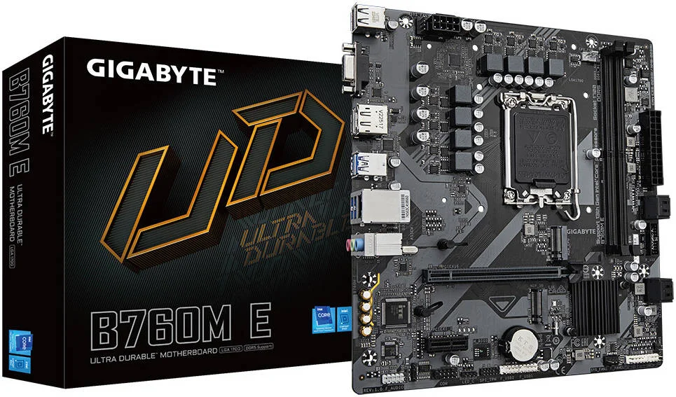 مادربرد GIGABYTE B760M E DDR5 LGA1700 Micro ATX، چیپست Intel B760، دو اسلات DDR5 DIMM / پشتیبانی تا 92 گیگابایت، PCIe 4.0، چهار اسلات M.2، Realtek GbE LAN، خروجی HDMI / D-Sub / DP، USB-C | B760M-E