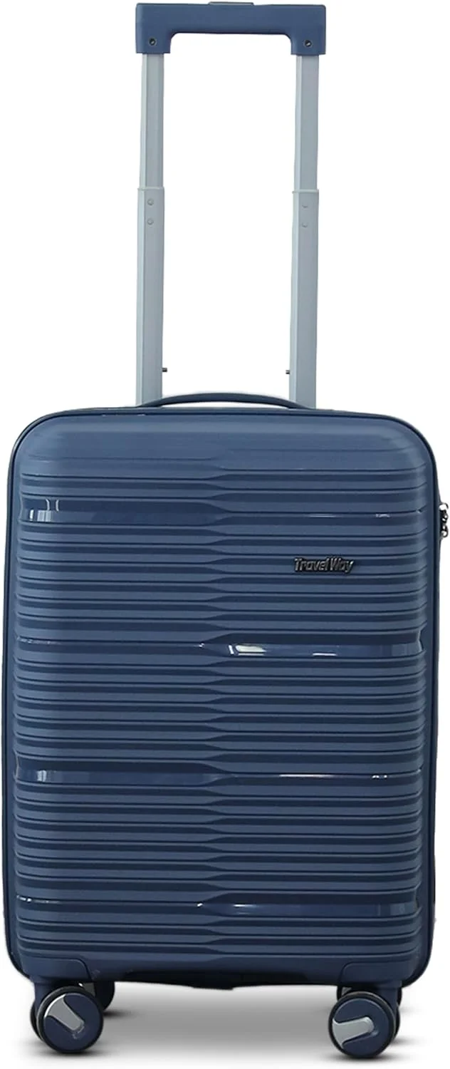 چمدان 20 اینچی (7-10 کیلوگرم) آبی رنگ با بدنه سخت PP - دارای چرخ های دوبل گردان و قفل رمزدار مناسب مسافرت