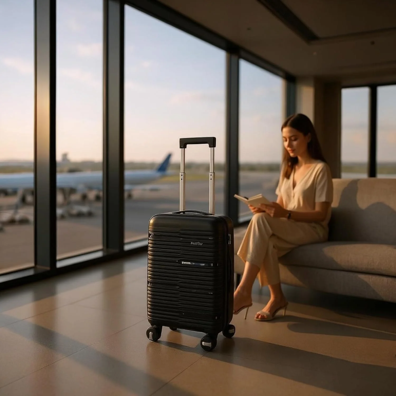 چمدان 20 اینچی (7-10 کیلوگرم) آبی رنگ با بدنه سخت PP - دارای چرخ های دوبل گردان و قفل رمزدار مناسب مسافرت