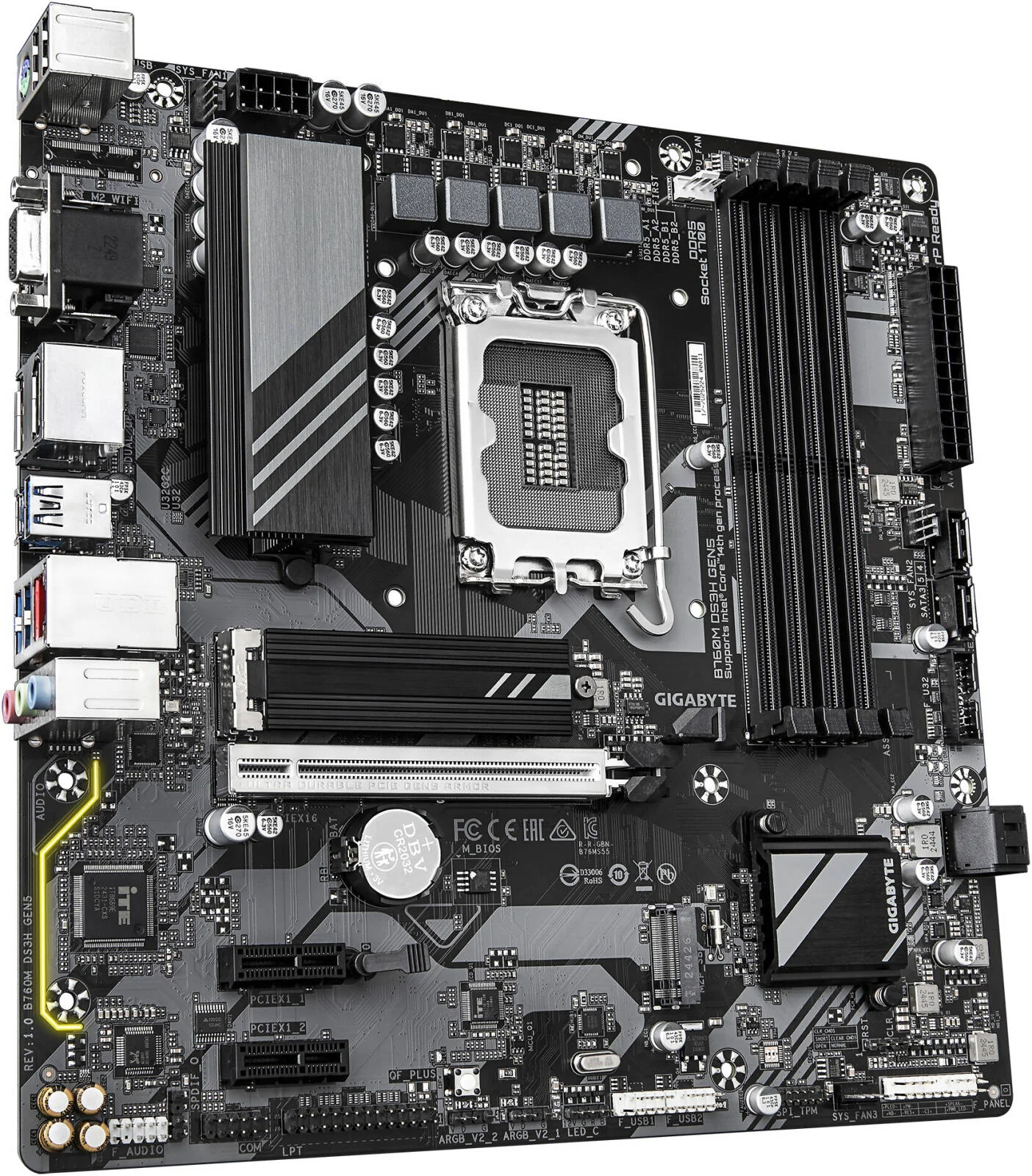 مادربرد GIGABYTE B760M DS3H GEN5 LGA1700 Micro ATX، چیپست Intel B760، 4 اسلات DDR5 DIMM، حداکثر حافظه 256 گیگابایت، 1 اسلات PCIe 5.0 x16 با PCIe UD Slot، 2 اسلات M.2 | B760M-DS3H-GEN5