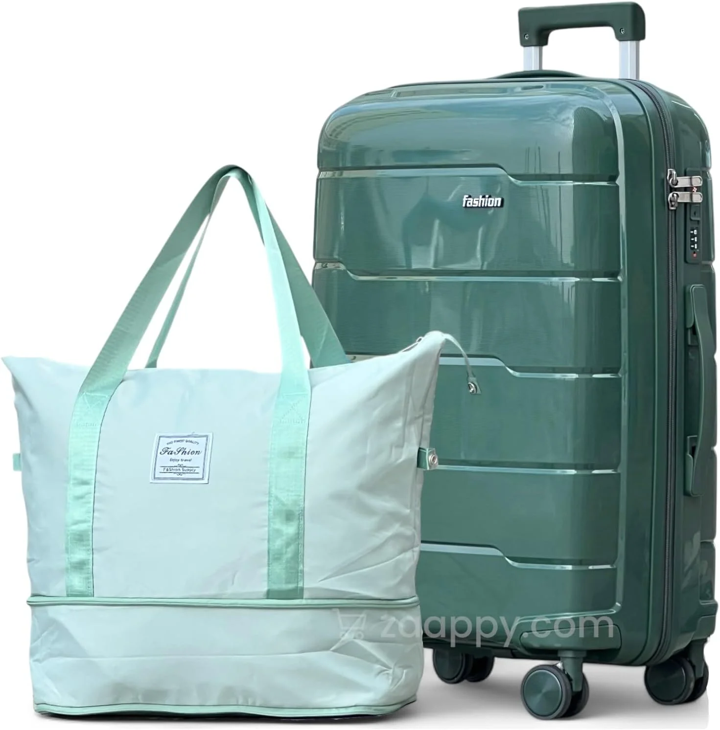 چمدان سایز متوسط 24 اینچ PP نشکن، بدنه سخت، سبک وزن، بادوام، دارای چرخ های دوبل و کیف دستی مسافرتی (ست ترکیبی کیف مسافرتی، سبز تیره)