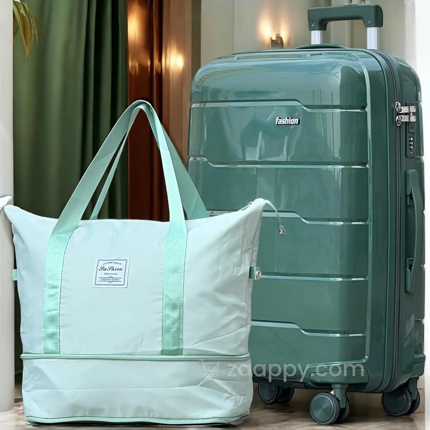 چمدان سایز متوسط 24 اینچ PP نشکن، بدنه سخت، سبک وزن، بادوام، دارای چرخ های دوبل و کیف دستی مسافرتی (ست ترکیبی کیف مسافرتی، سبز تیره)