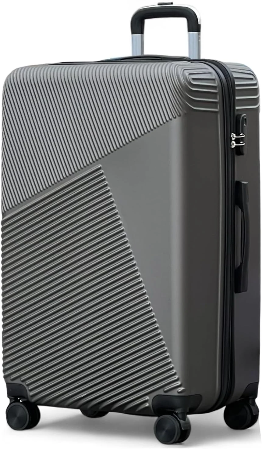 چمدان خاکستری رنگ با پوسته سخت و وزن سبک، سایز 28 اینچ (30-35 کیلوگرم)، دارای چرخ‌های روان و قفل ایمن