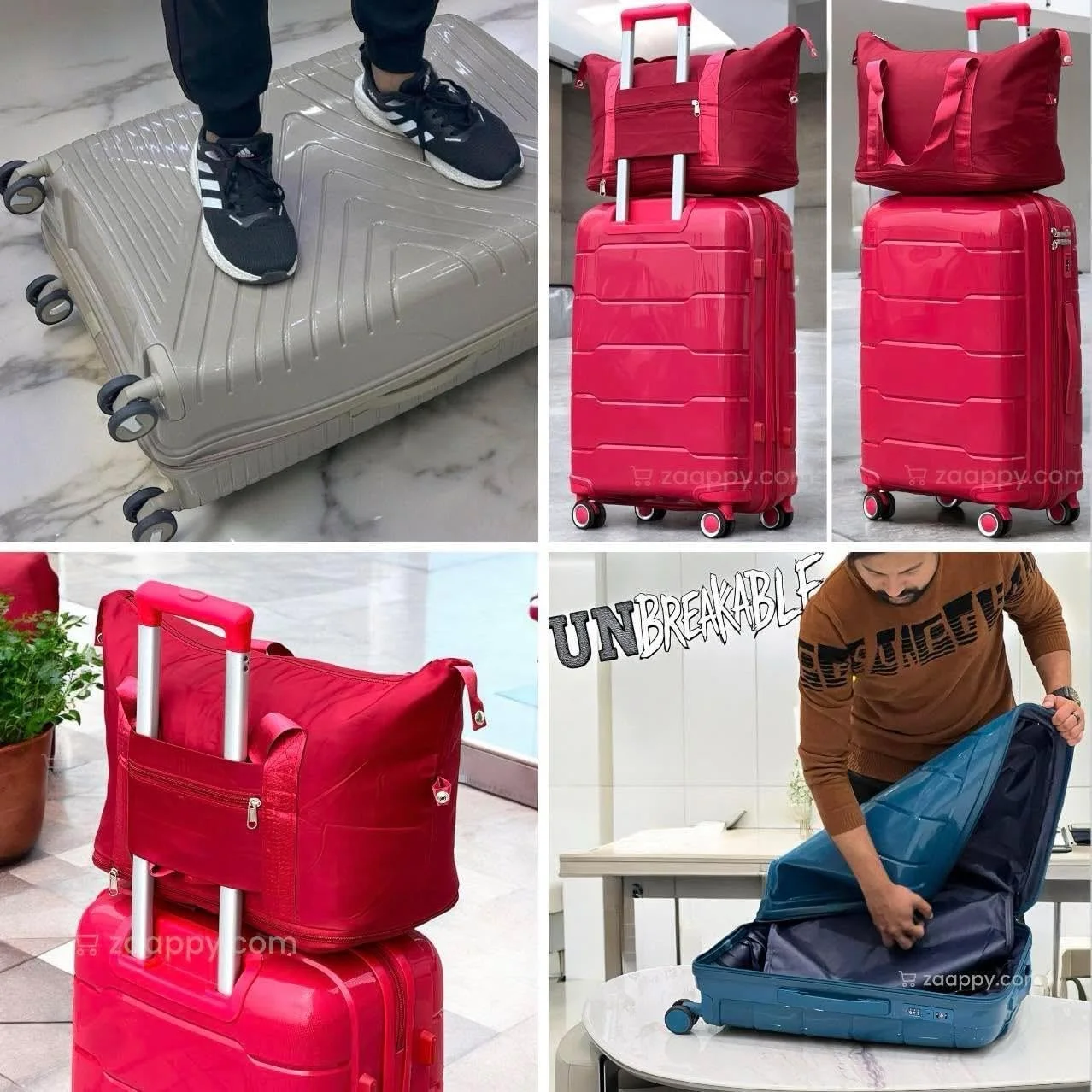 چمدان سایز متوسط 24 اینچ PP نشکن، بدنه سخت، سبک وزن، بادوام، دارای چرخ های دوبل و کیف دستی مسافرتی (ست ترکیبی کیف مسافرتی، سبز تیره)