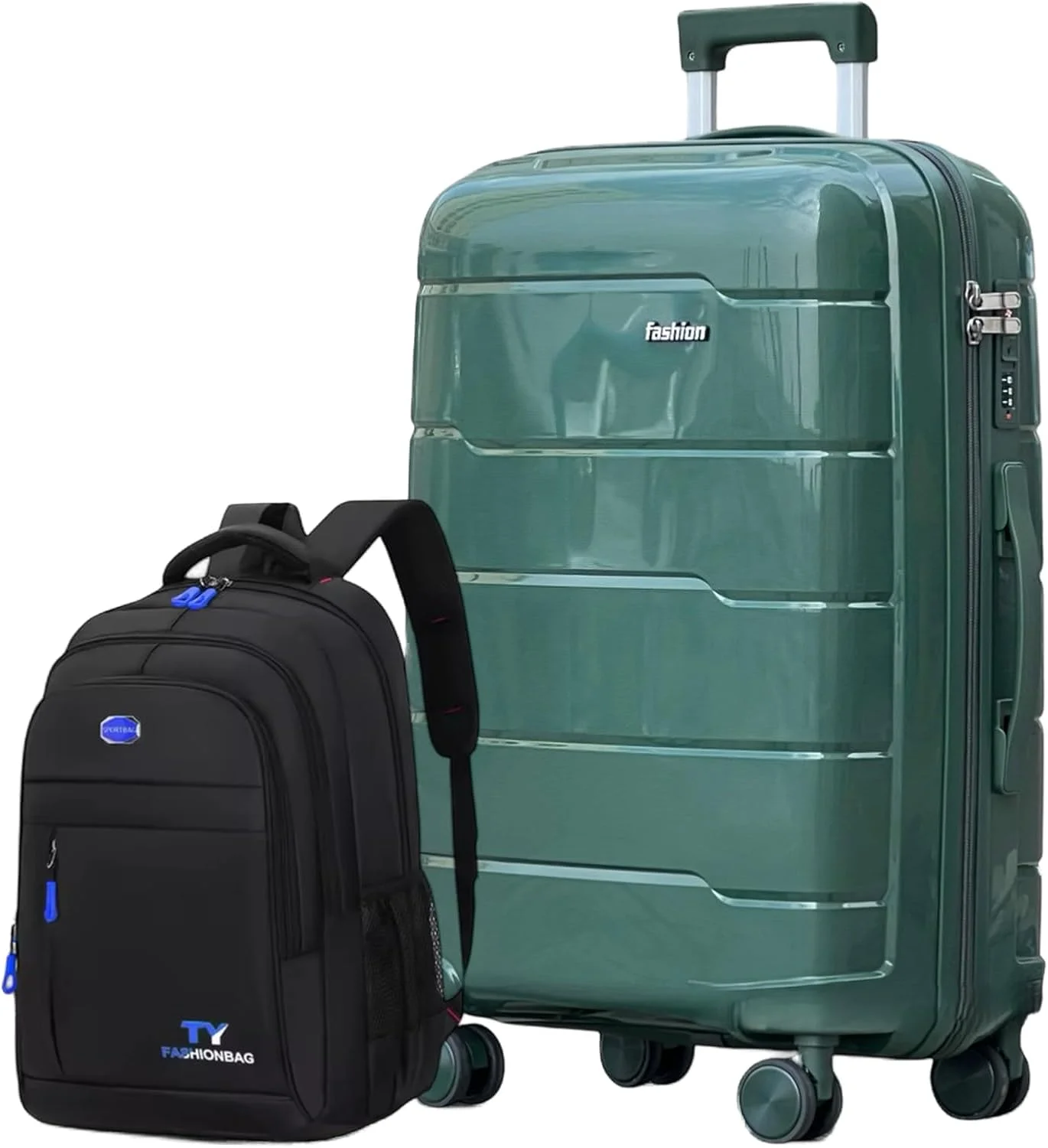 چمدان نشکن سایز متوسط به همراه کوله پشتی شیک – چمدان 24 اینچی سبک وزن با پوسته سخت PP و چرخ های اسپینر و کوله پشتی مسافرتی (سبز تیره)