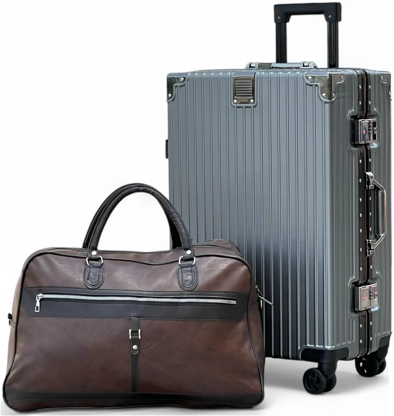 چمدان سایز متوسط با فریم آلومینیومی – چمدان 24 اینچی بدون زیپ با ظرفیت 20-25 کیلوگرم، قفل ایمن و 8 چرخ گردان – کیف دستی بادوام از جنس PU (خاکستری)