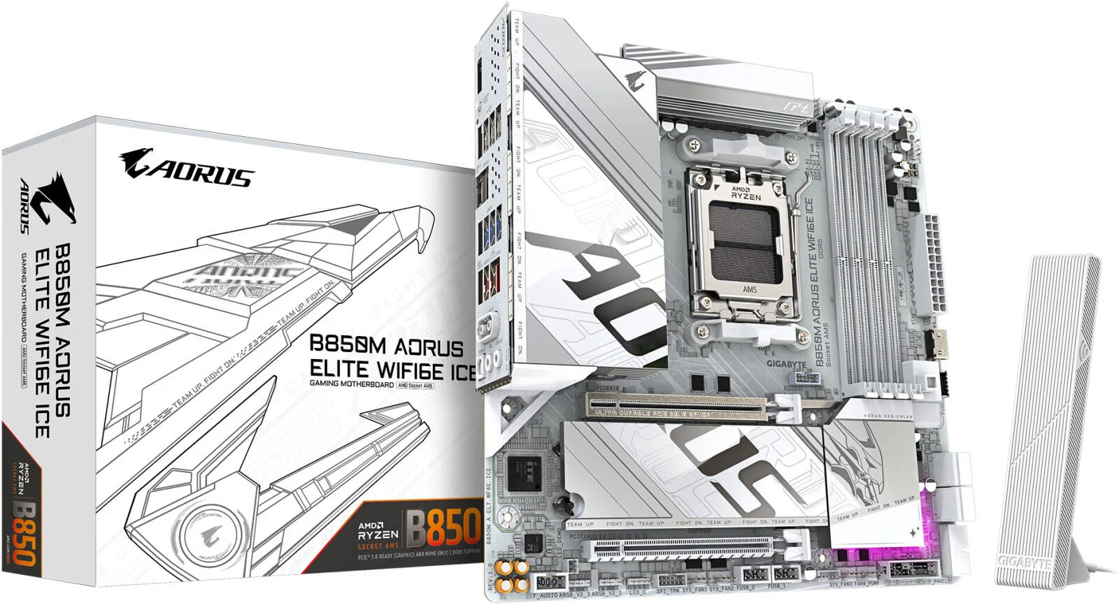 مادربرد GIGABYTE B850M Aorus Elite Ice AM5 Micro ATX، چیپست AMD B850، 4 اسلات DIMM DDR5، حداکثر حافظه 256 گیگابایت، 1x PCIe 5.0 x16، 2x M.2، اتصال WiFi و BT، سفید | B850M-A-ELT-WF6E-ICE