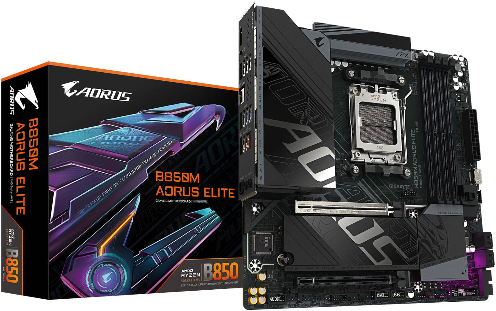 مادربرد GIGABYTE B850M Aorus Elite AM5 Micro ATX، چیپست AMD B850، دارای 4 اسلات DDR5 DIMM، حداکثر حافظه 256 گیگابایت، 1x PCIe 5.0 x16، 2x M.2، مشکی | 9MB85ME