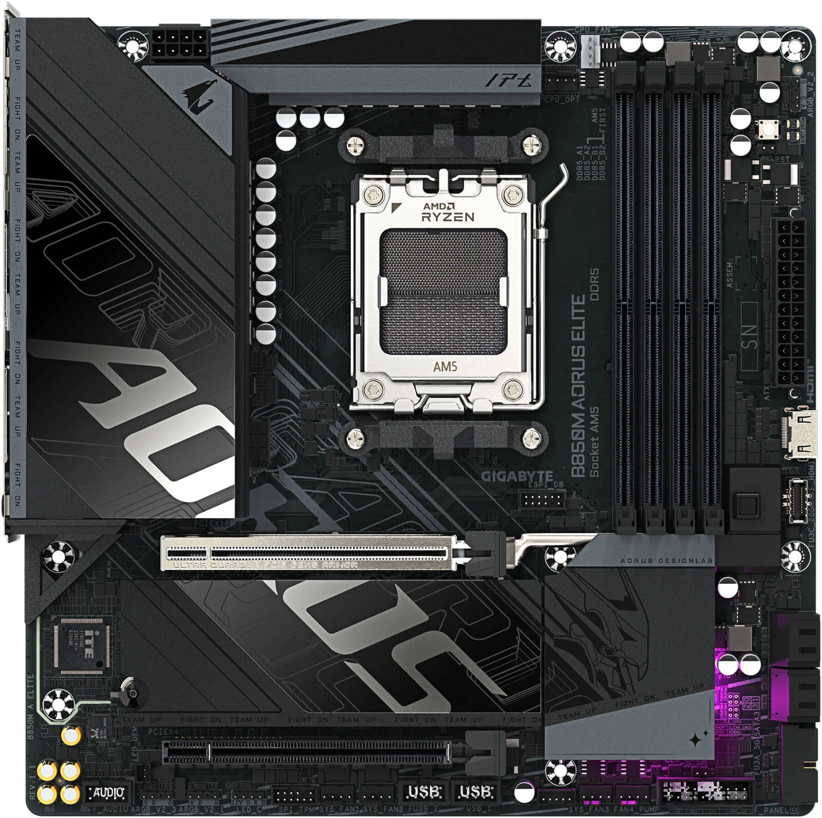 مادربرد GIGABYTE B850M Aorus Elite AM5 Micro ATX، چیپست AMD B850، دارای 4 اسلات DDR5 DIMM، حداکثر حافظه 256 گیگابایت، 1x PCIe 5.0 x16، 2x M.2، مشکی | 9MB85ME