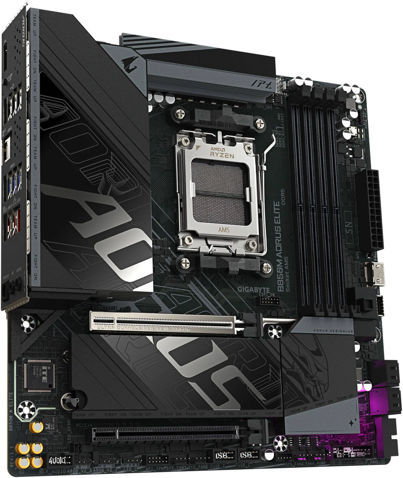 مادربرد GIGABYTE B850M Aorus Elite AM5 Micro ATX، چیپست AMD B850، دارای 4 اسلات DDR5 DIMM، حداکثر حافظه 256 گیگابایت، 1x PCIe 5.0 x16، 2x M.2، مشکی | 9MB85ME