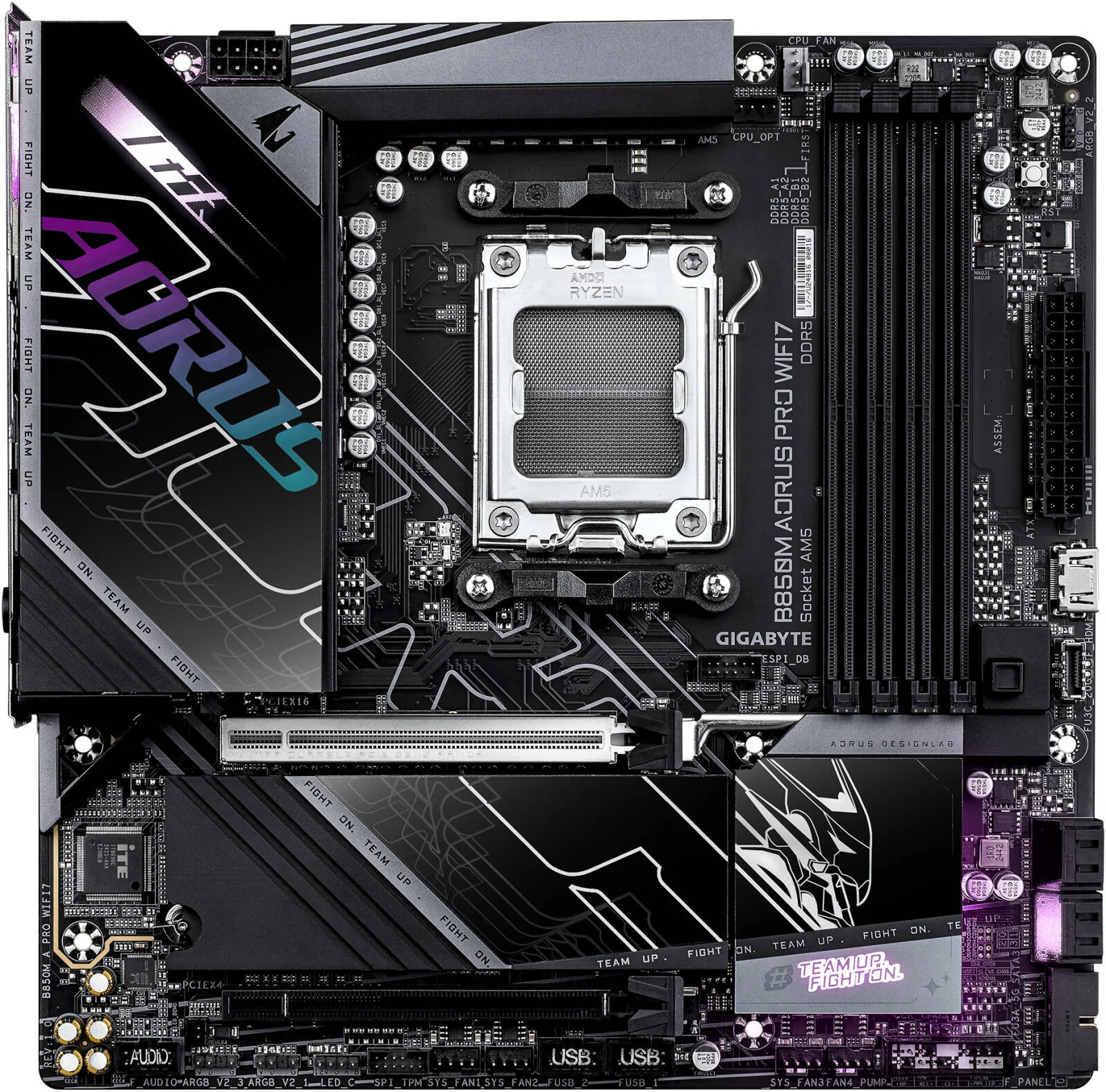 مادربرد GIGABYTE B850M AORUS PRO WIFI7 AM5 Micro-ATX، چیپست AMD B850، 4 اسلات DDR5 DIMM، حداکثر حافظه 256 گیگابایت، 1x PCIe 5.0 x16، 2 اسلات M.2، Wi-Fi 7 و BT5.4 | B850M-A-PRO-WIFI7