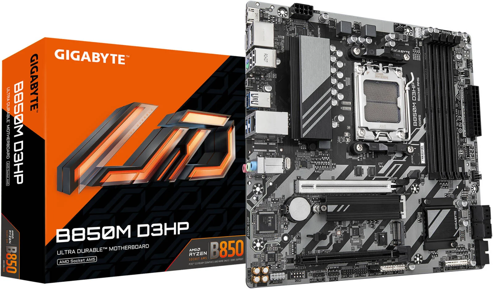 مادربرد GIGABYTE B850M D3HP Micro ATX AM5، چیپست AMD B850، 4 اسلات DDR5 DIMM، حداکثر حافظه 256 گیگابایت، 1 اسلات PCIe 5.0 x16، 2 اسلات M.2 | B850M-D3HP
