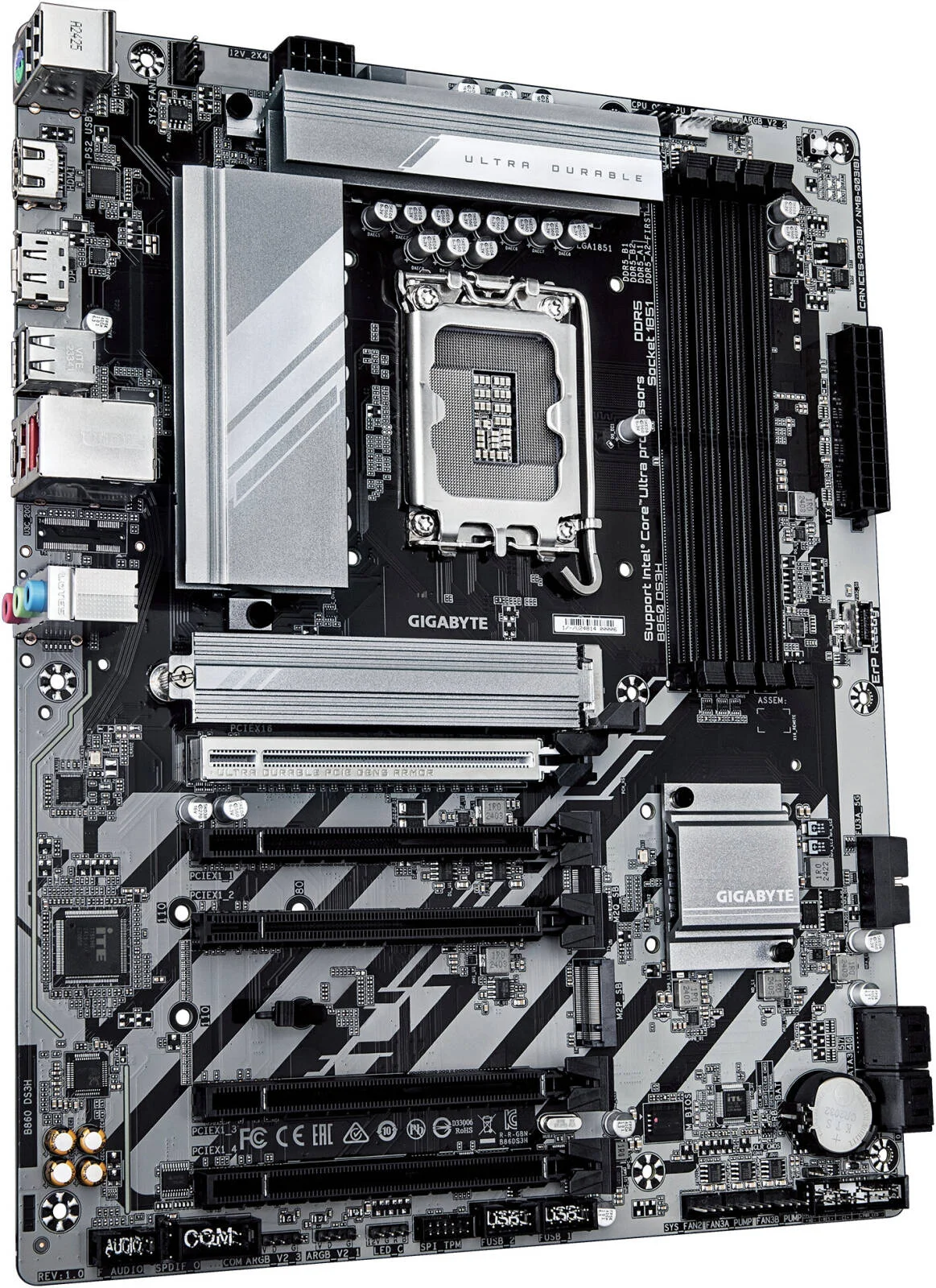 مادربرد GIGABYTE B860 DS3H LGA 1851 ATX، چیپست Intel B860 Express، 4 اسلات DIMM DDR5، حداکثر حافظه 256 گیگابایت، 1 اسلات PCIe 5.0 x16، 2 اسلات M.2 | B860-DS3H