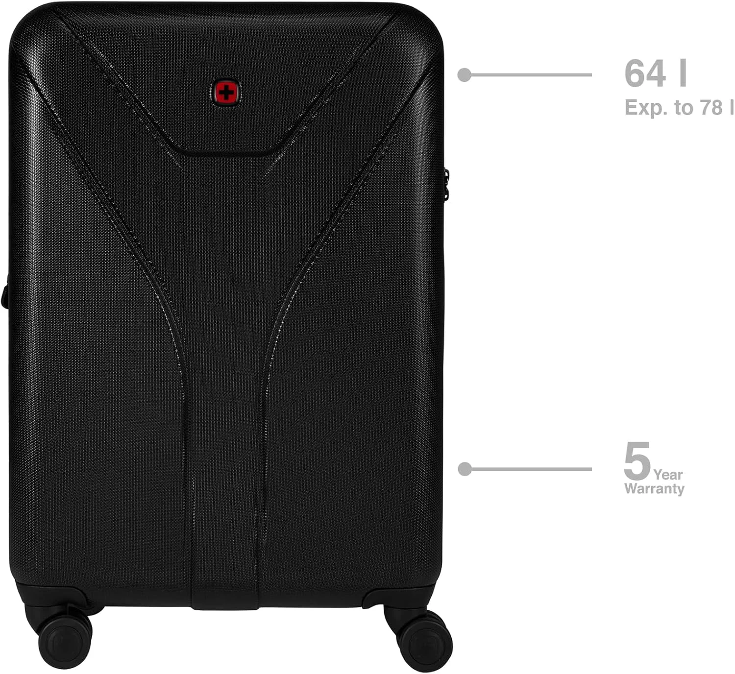 چمدان سخت پوسته WENGER مدل Ibex با 4 چرخ، دسته تلسکوپی، قفل امنیتی، مناسب برای خانم ها و آقایان، مسافرت و تعطیلات، مشکی، 64 (78) لیتر، سایز متوسط