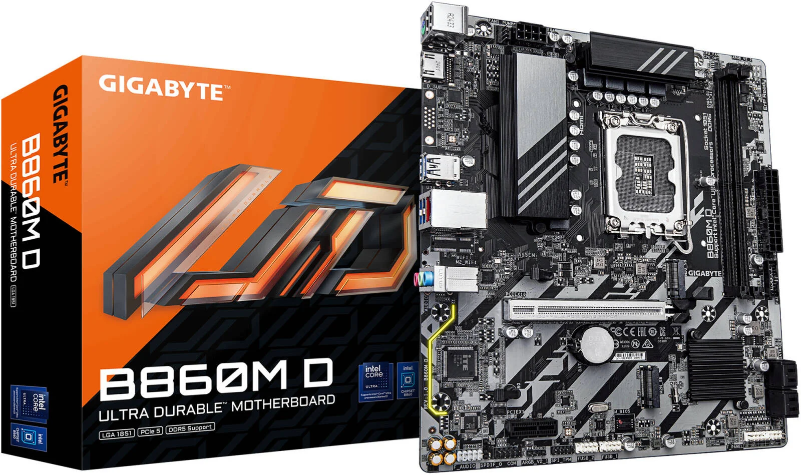 مادربرد GIGABYTE B860M D LGA 1851 Micro ATX، چیپست Intel B860، دو اسلات DDR5 DIMM، حداکثر حافظه 128 گیگابایت، یک اسلات PCIe 5.0 x16، دو اسلات M.2 | B860M-D