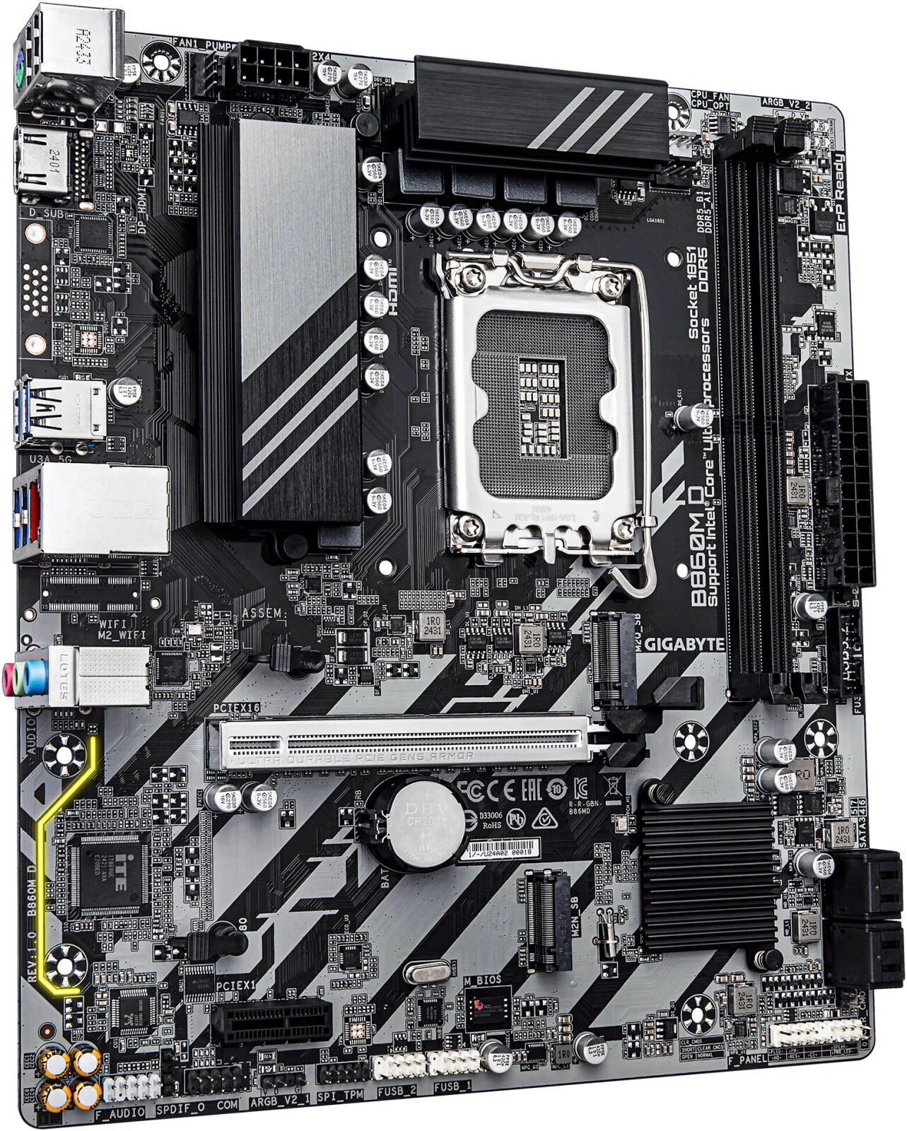 مادربرد GIGABYTE B860M D LGA 1851 Micro ATX، چیپست Intel B860، دو اسلات DDR5 DIMM، حداکثر حافظه 128 گیگابایت، یک اسلات PCIe 5.0 x16، دو اسلات M.2 | B860M-D