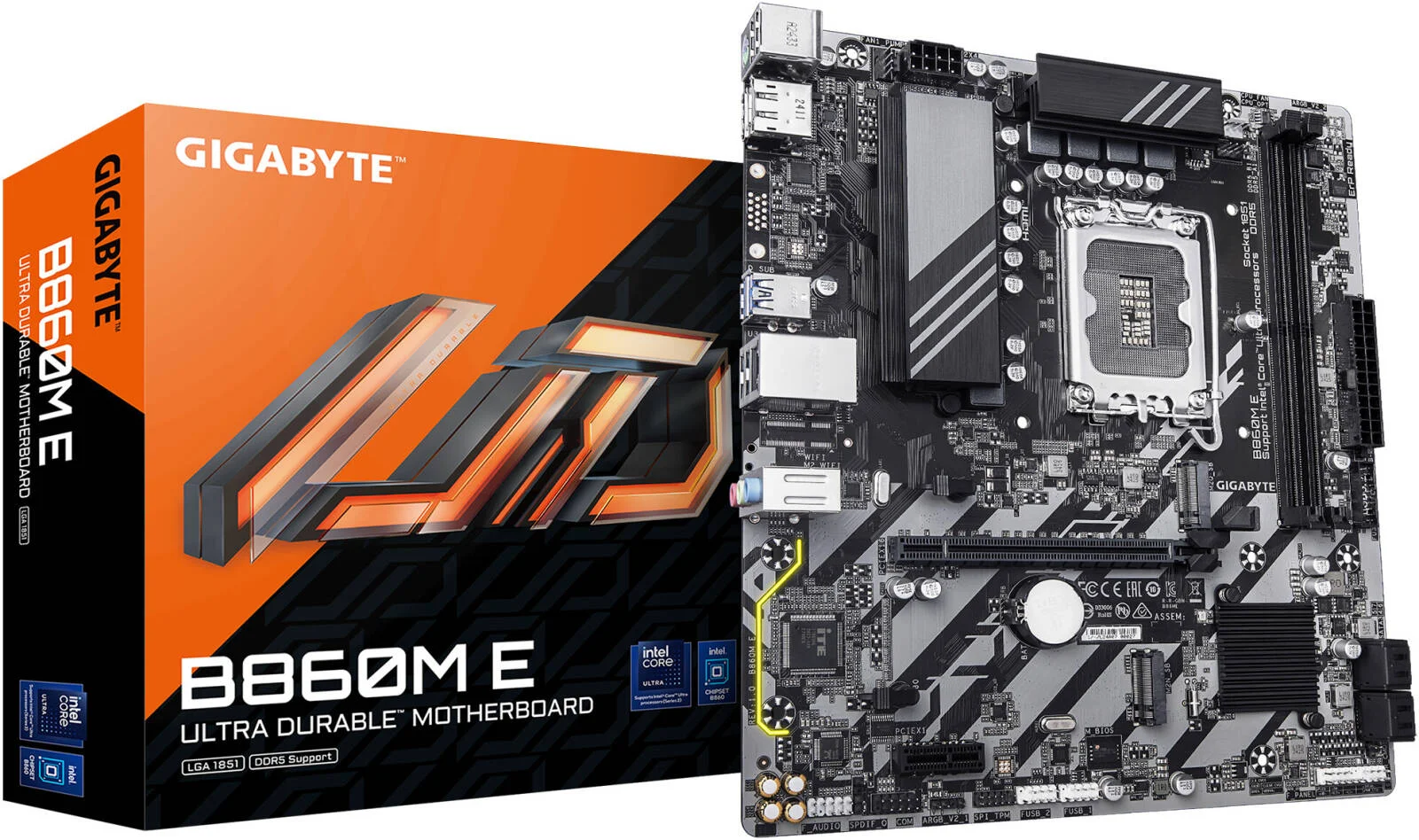 مادربرد GIGABYTE B860M E LGA 1851 M-ATX، چیپست Intel B860، دو اسلات DDR5 DIMM، حداکثر حافظه 128 گیگابایت، یک اسلات PCIe 4.0 x16، دو اسلات PCIe 4.0 M.2 | B860M-E