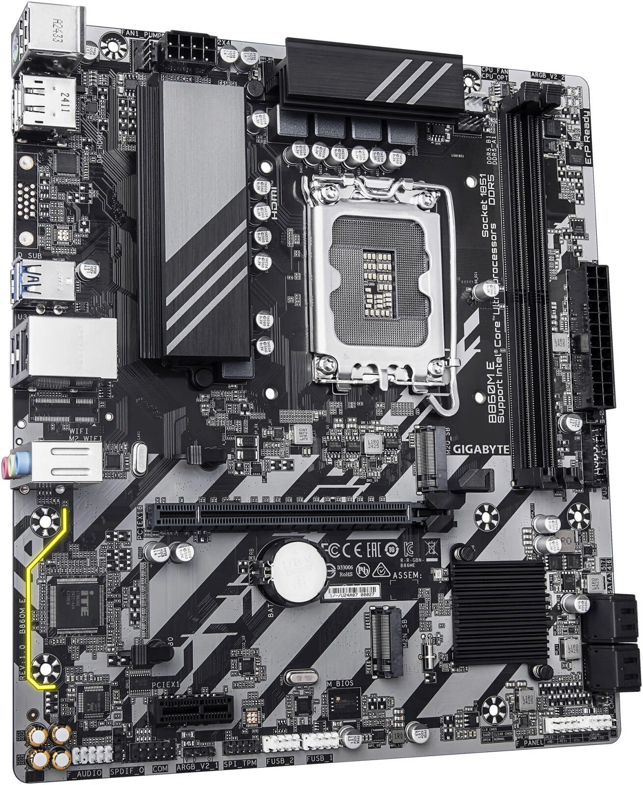 مادربرد GIGABYTE B860M E LGA 1851 M-ATX، چیپست Intel B860، دو اسلات DDR5 DIMM، حداکثر حافظه 128 گیگابایت، یک اسلات PCIe 4.0 x16، دو اسلات PCIe 4.0 M.2 | B860M-E